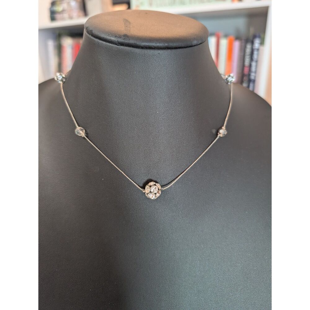 Vintage Silver Tone Crystal Disco Ball Station Necklace, Adjustable 16"-19"